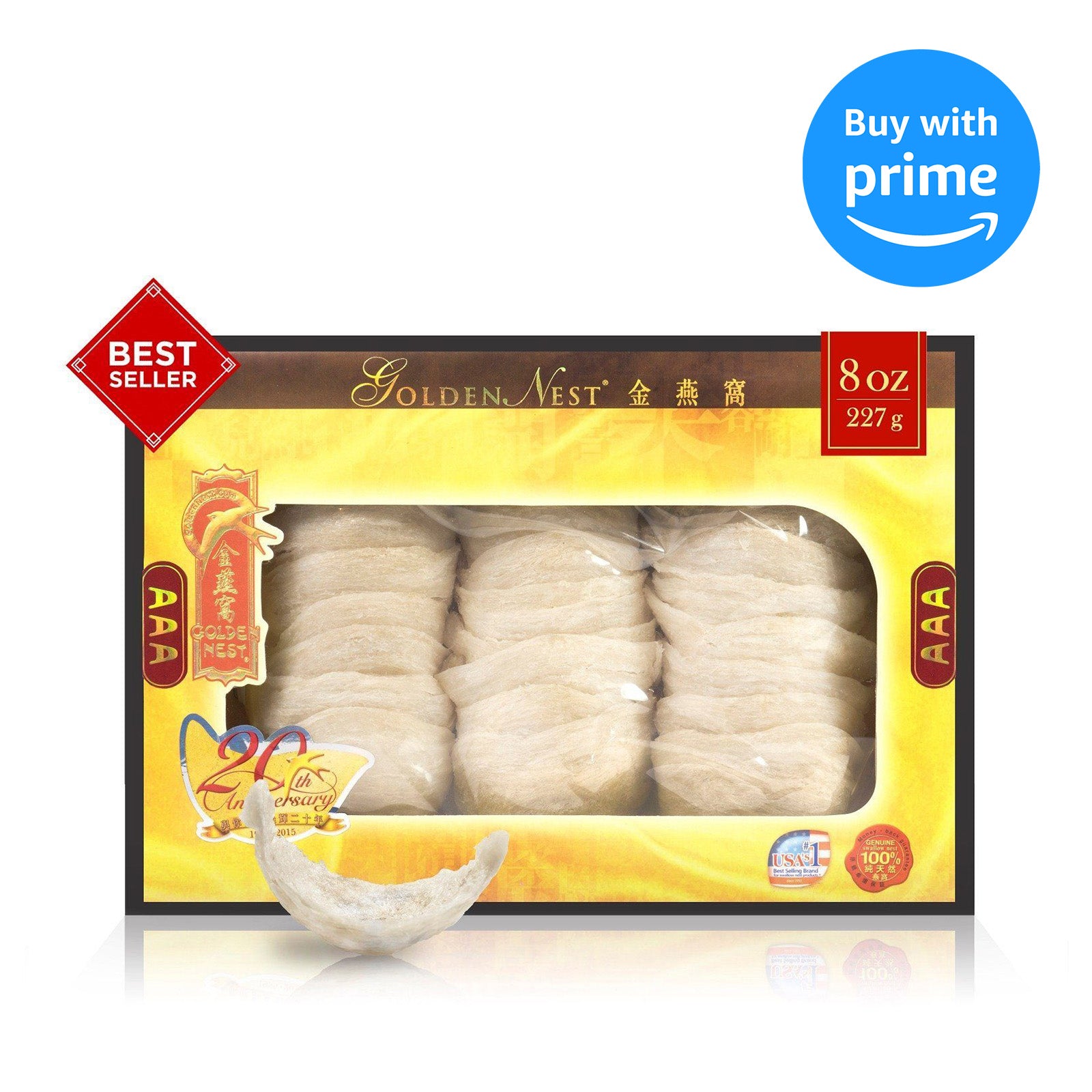 Packaging of Golden Nest bird's nest soup with "Best Seller" label. Features AAA quality, 8 oz weight, and Prime purchase option. Celebratory tone.