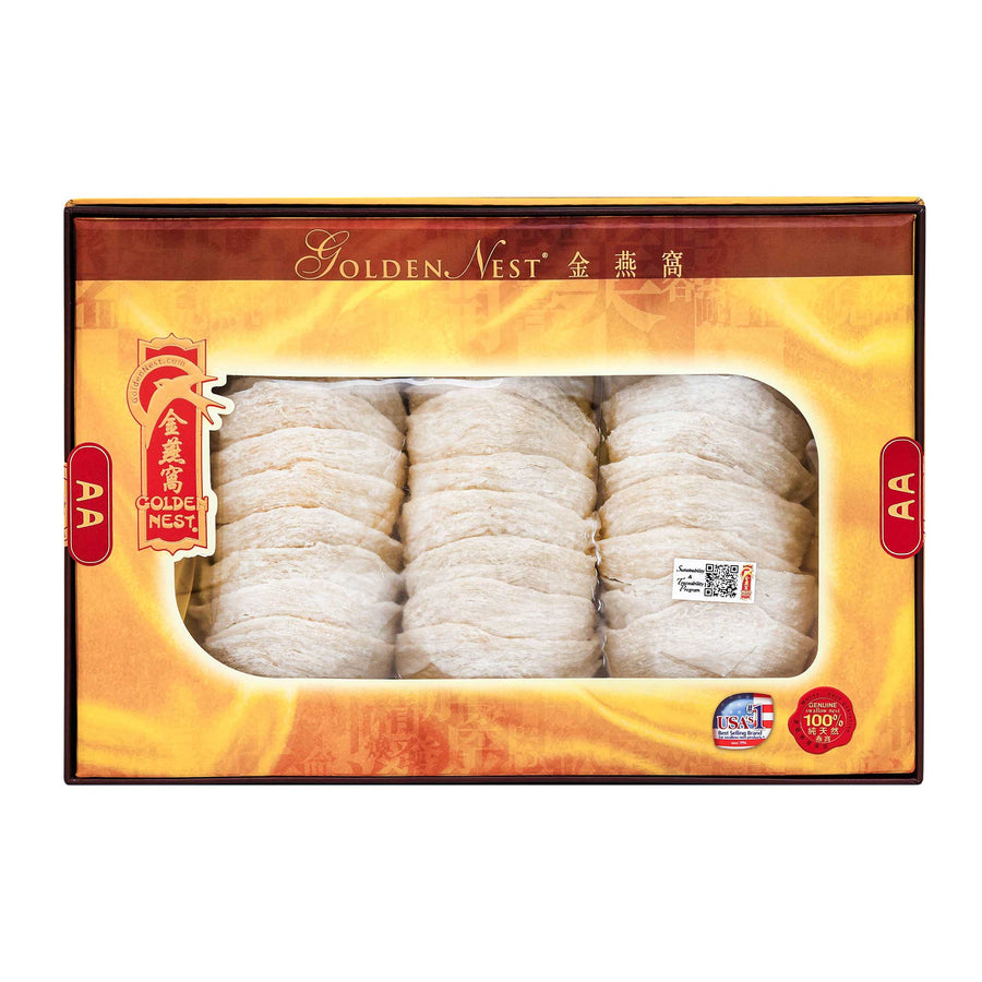 Box of Golden Nest's product premium white birds nest for sale with grade AA and 227 grams. Box.
