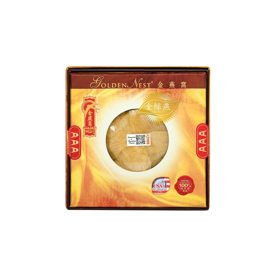 金燕窝的产品展示了一盒待售的 AAA 级 28 克高级金丝燕窝。包装盒。