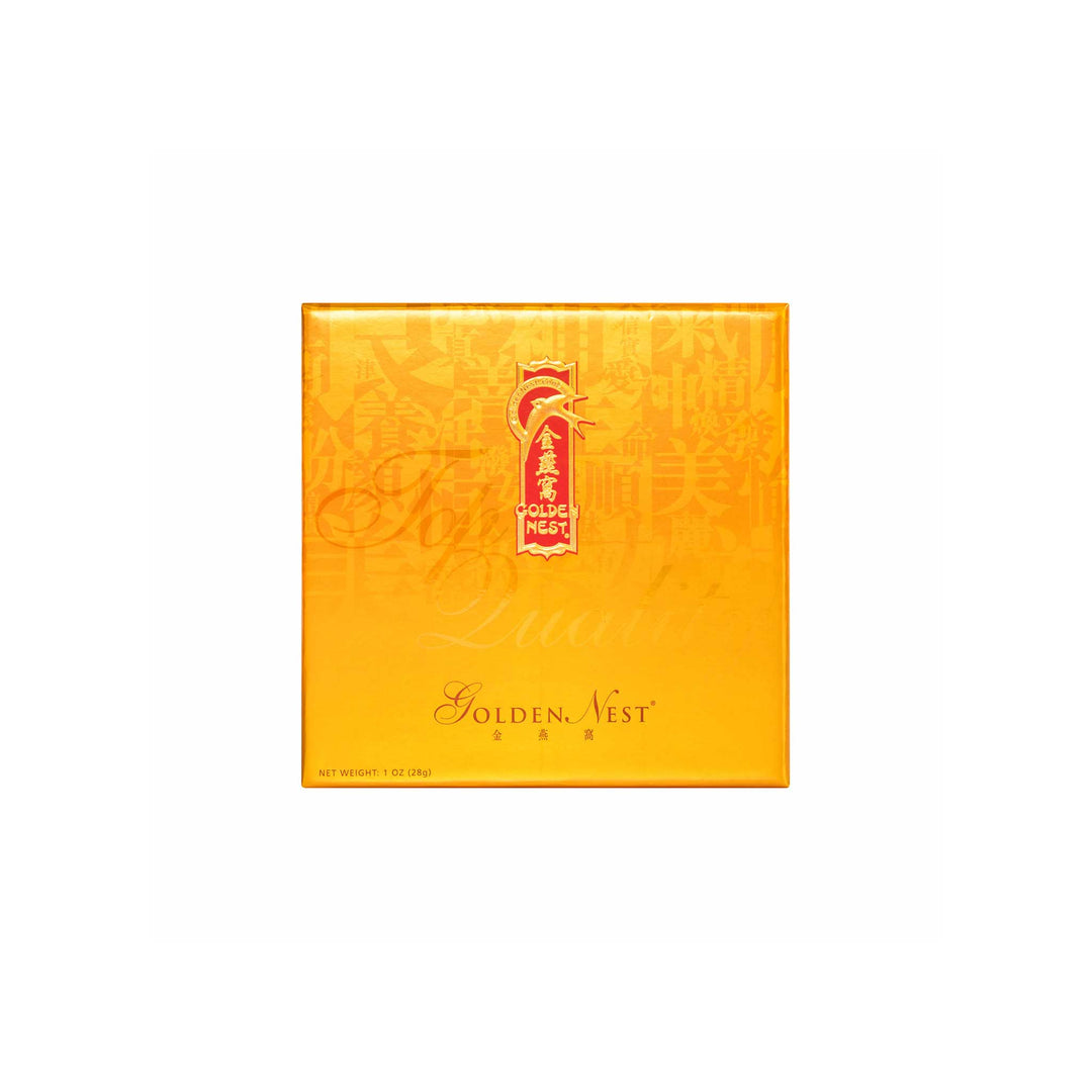 Golden Nest's product showing a box of premium white birds nest for sale with grade AA and 28 grams. Box Cover.