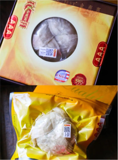 A box of premium bird’s nest, labeled "AAA," revealing delicate nests through a clear window, alongside another similarly packaged nest.