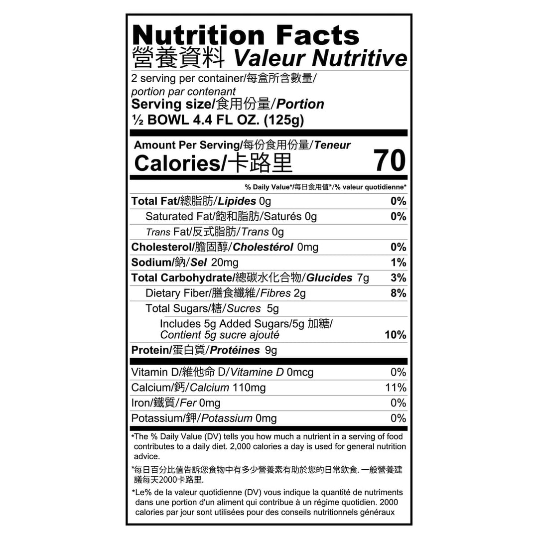 食品的營養標籤(Nutritional facts label),顯示份量、卡路里和營養素含量,包括脂肪、碳水化合物和蛋白質。