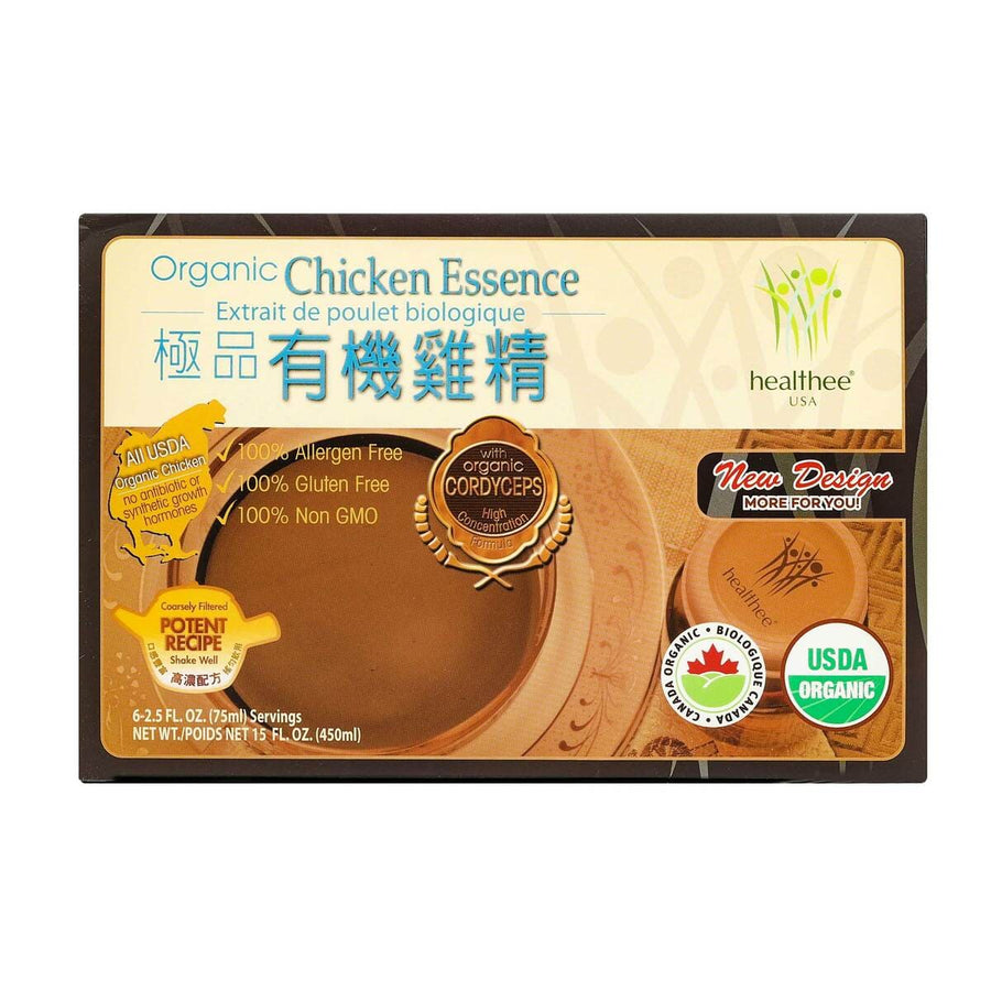 A box of Organic Chicken Essence with text indicating it is USDA organic, gluten-free, and non-GMO. The product is in a 6-2.5 FL. OZ. (75ml) size alongside its net weight of 15 FL. OZ. (450ml). The background is white.