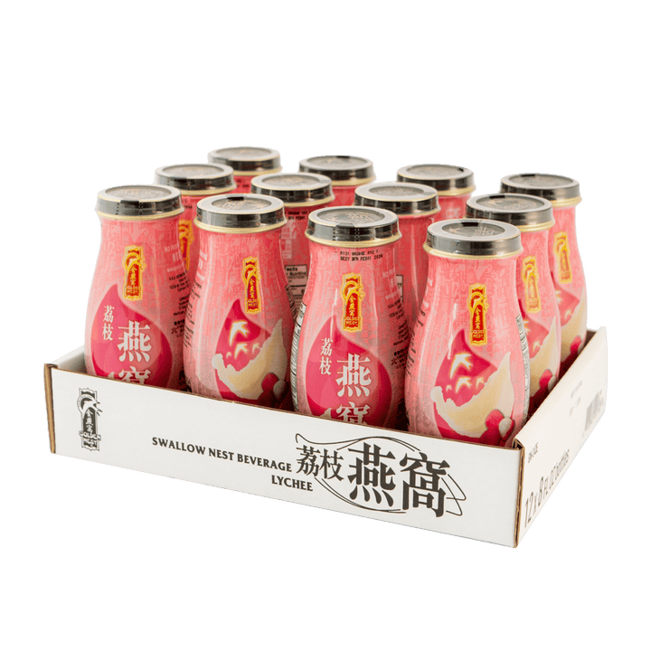 6 and 12 pack of Golden Nest Premium Edible Swallow Bird's Nest Collagen Drink with Lychee. Buy birds nest drink near me. Set of 12 Bottles.