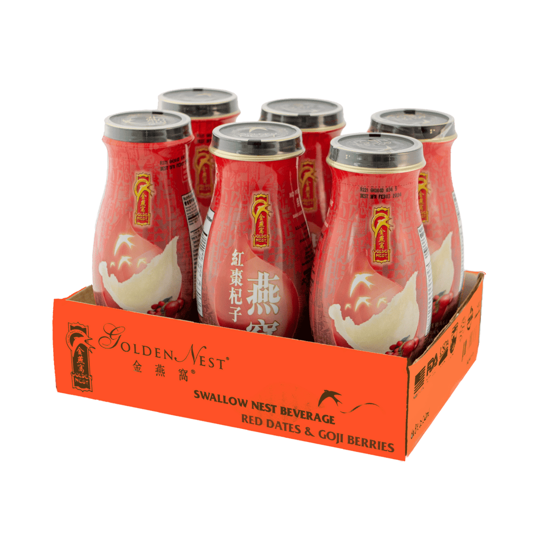六瓶金燕窩 紅棗枸杞燕窩飲料,陳列在橙色紙板載體中。