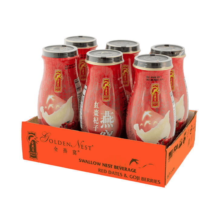 六瓶金燕窩 紅棗枸杞燕窩飲料,陳列在橙色紙板載體中。