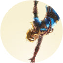 Illustration of a character in a blue outfit and armor, hanging upside down against a pale background. The scene conveys a sense of adventure and motion.