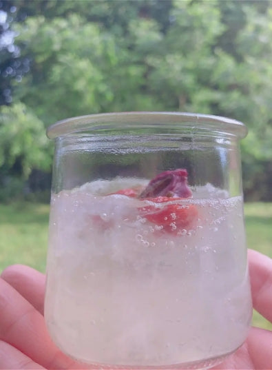 一只手拿著一個玻璃瓶,裡面裝滿了半透明的飲料,可能是漿果。在背景中,模糊的綠葉突顯出寧靜的戶外環境。