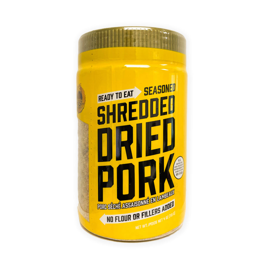 Golden Nest seasoned shredded dried pork in 4 oz, 8oz, and 16oz variation sizes. Whole pork and ready to eat snack for seasoned shredded dried pork