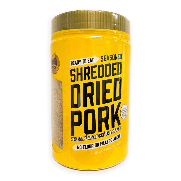 Golden Nest seasoned shredded dried pork in 4 oz, 8oz, and 16oz variation sizes. Whole pork and ready to eat snack for seasoned shredded dried pork