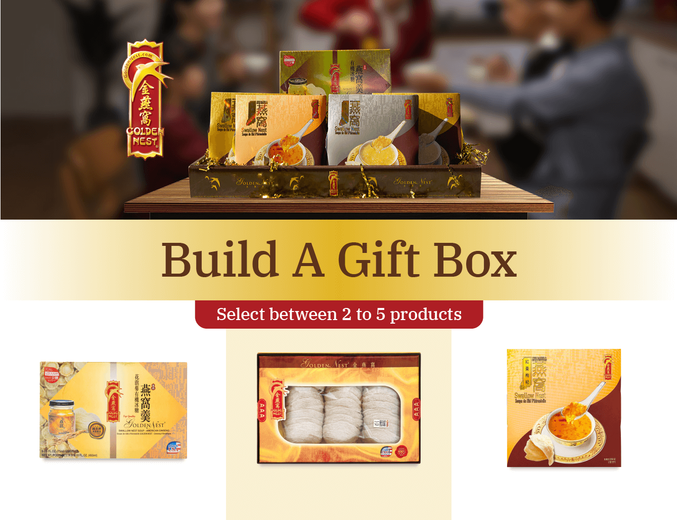 Gift box with Golden Nest products on a wooden table; banner reads "Build A Gift Box, Select between 2 to 5 products"; warm, inviting ambiance.