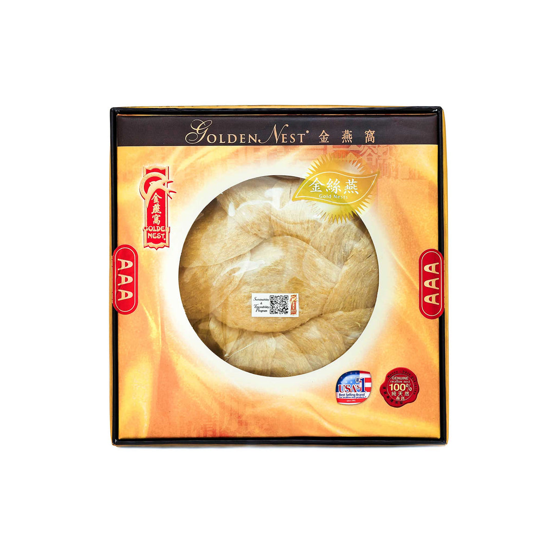 Box of Golden Nest's premium gold birds nest for sale with grade AAA and 113 grams. Box.