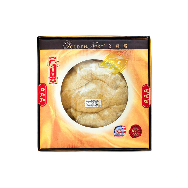 Box of Golden Nest's premium gold birds nest for sale with grade AAA and 113 grams. Box.