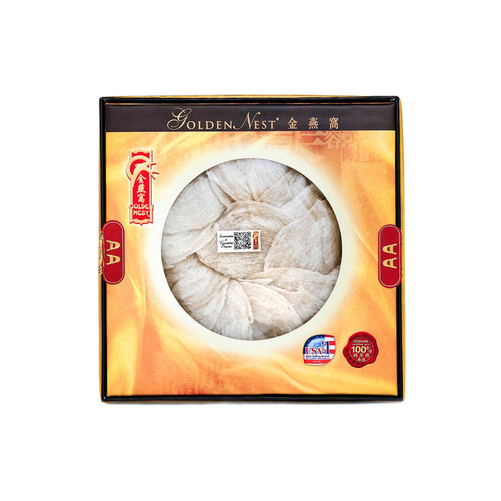 Box of Golden Nest's premium gold birds nest for sale with grade AA and 113 grams. Box.