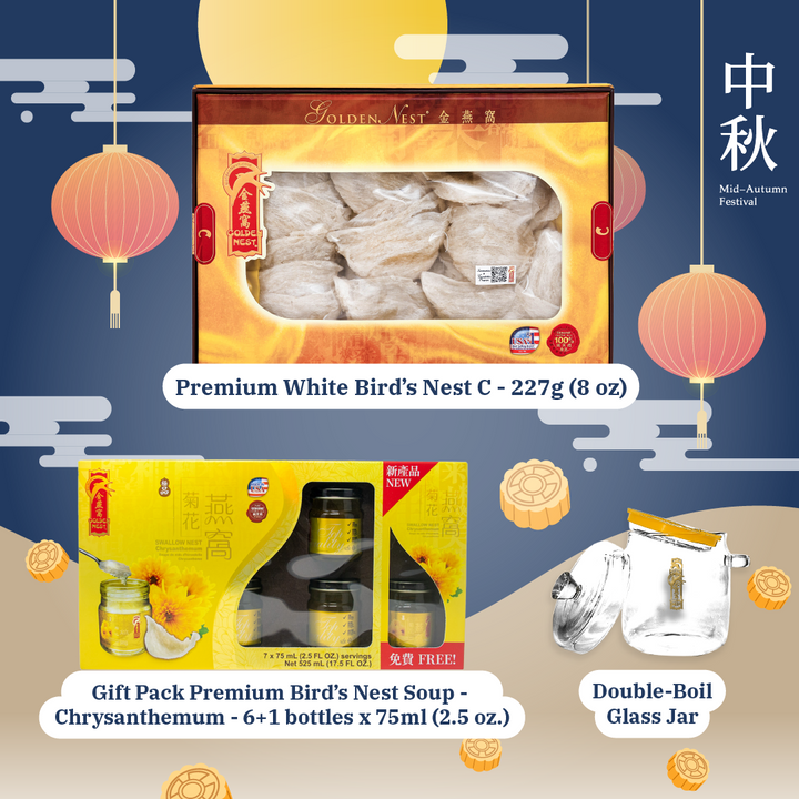 Mid-Autumn Special Bundle - Premium White Bird's Nest C 8 oz + FREE Gift Pack Premium Bird’s Nest Soup - 6 + 1 bottles x 75ml (2.5 oz.) + FREE Glass Boiler Jar