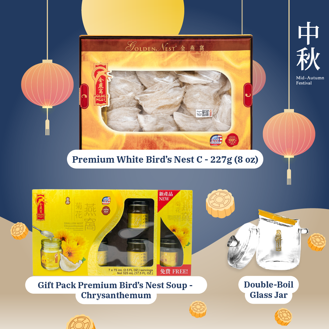 中秋特選團圓套裝 - 特級白燕盞8安士 + FREE Gift Pack極品有機冰糖燕窩羹 - 6 + 1 瓶 x 75毫升（2.5盎司） + FREE Glass Boiler Jar