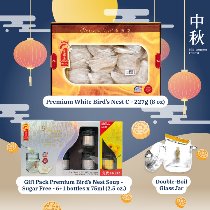 Mid-Autumn Special Bundle - Premium White Bird's Nest C 8 oz + FREE Gift Pack Premium Bird’s Nest Soup - 6 + 1 bottles x 75ml (2.5 oz.) + FREE Glass Boiler Jar