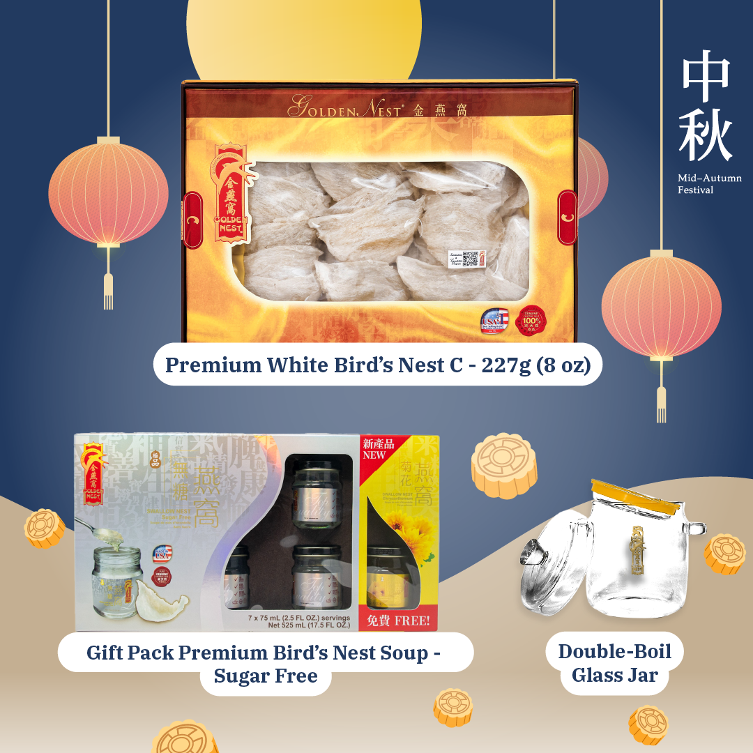 中秋特選團圓套裝 - 特級白燕盞8安士 + FREE Gift Pack極品有機冰糖燕窩羹 - 6 + 1 瓶 x 75毫升（2.5盎司） + FREE Glass Boiler Jar