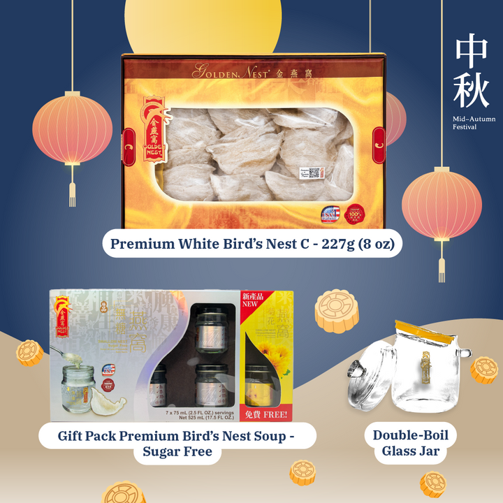 中秋特選團圓套裝 - 特級白燕盞8安士 + FREE Gift Pack極品有機冰糖燕窩羹 - 6 + 1 瓶 x 75毫升（2.5盎司） + FREE Glass Boiler Jar