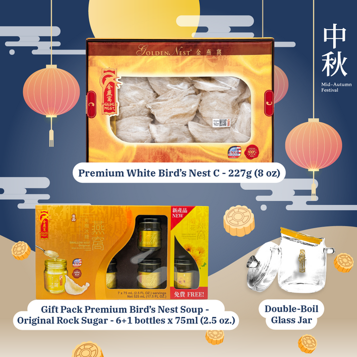 Mid-Autumn Special Bundle - Premium White Bird's Nest C 8 oz + FREE Gift Pack Premium Bird’s Nest Soup - 6 + 1 bottles x 75ml (2.5 oz.) + FREE Glass Boiler Jar