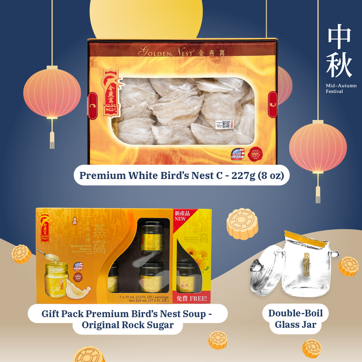 中秋特選團圓套裝 - 特級白燕盞8安士 + FREE Gift Pack極品有機冰糖燕窩羹 - 6 + 1 瓶 x 75毫升（2.5盎司） + FREE Glass Boiler Jar