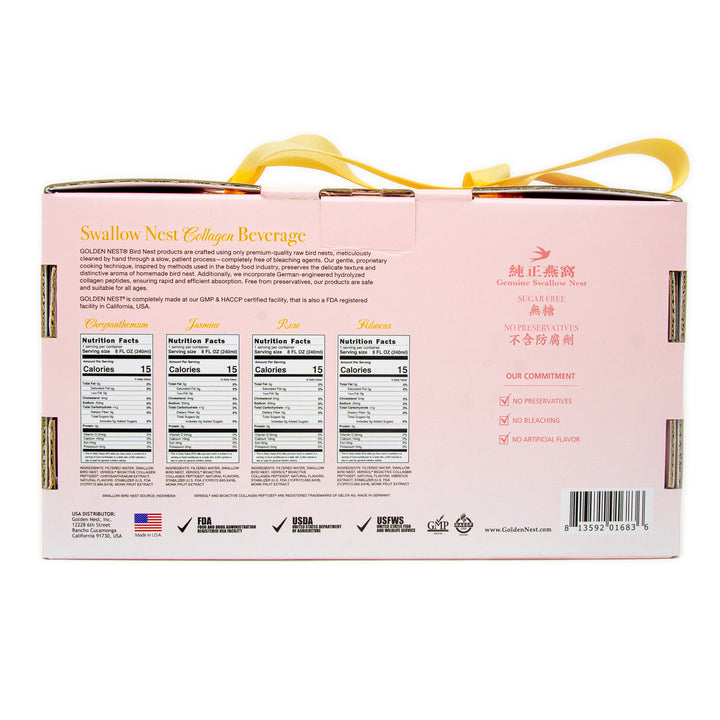 Premium Swallow Bird's Nest Collagen Drink Variety - Jasmine, Rose, Hibiscus, and Chrysanthemum - 4 Bottles x 240ml (8 oz.) - Limited Edition Box