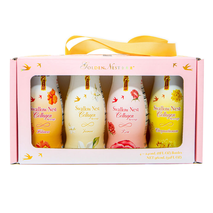 Premium Swallow Bird's Nest Collagen Drink Variety - Jasmine, Rose, Hibiscus, and Chrysanthemum - 4 Bottles x 240ml (8 oz.) - Limited Edition Box