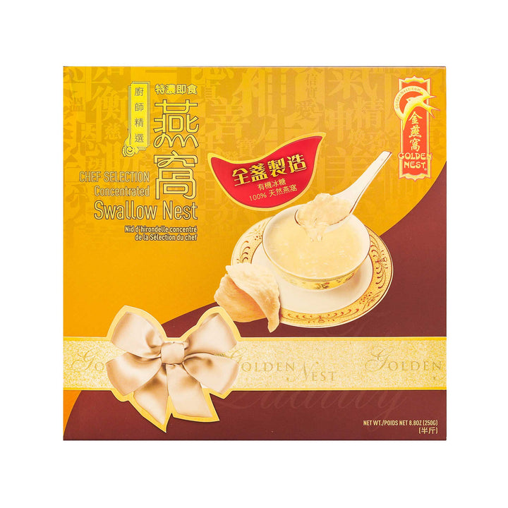 Golden Nest's product showing a bowl of premium concentrated edible swallow birds nest soup. Box Cover.