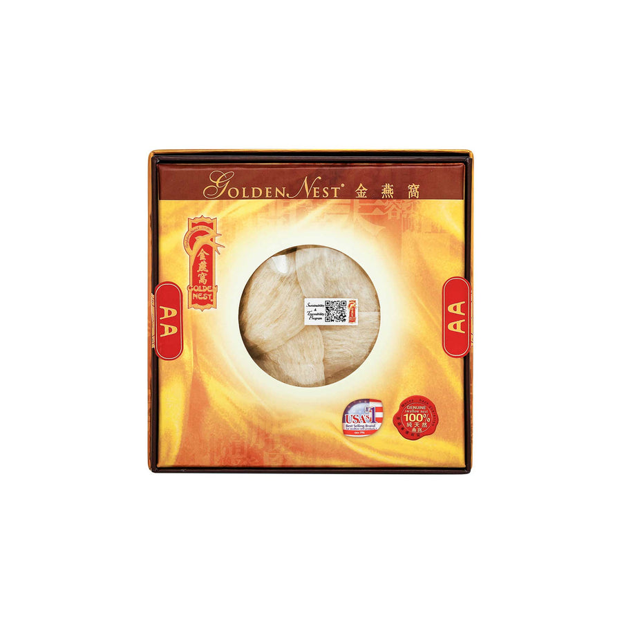 Golden Nest's product showing a box of premium white birds nest for sale with grade AA and 28 grams. Box.