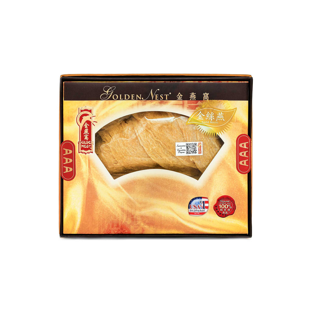 Golden Nest's product showing a box of premium gold birds nest for sale with grade AAA and 57 grams. Box.