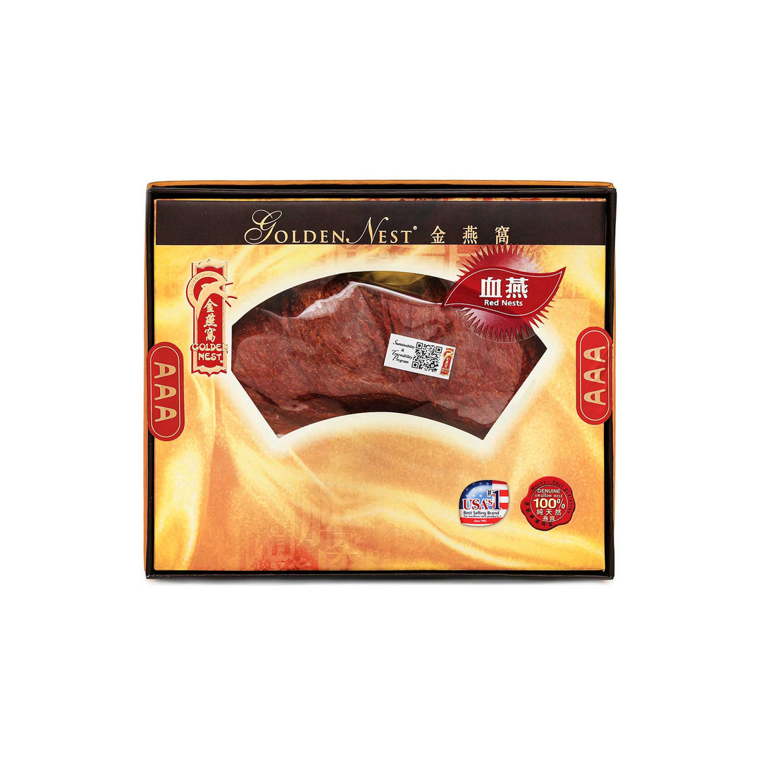 Golden Nest's product showing a box of premium red birds nest for sale with grade AAA and 57 grams. Box.