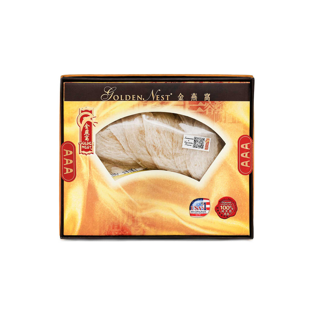 Golden Nest's product showing a box of white premium birds nest for sale with grade AAA and 57 grams. Box.