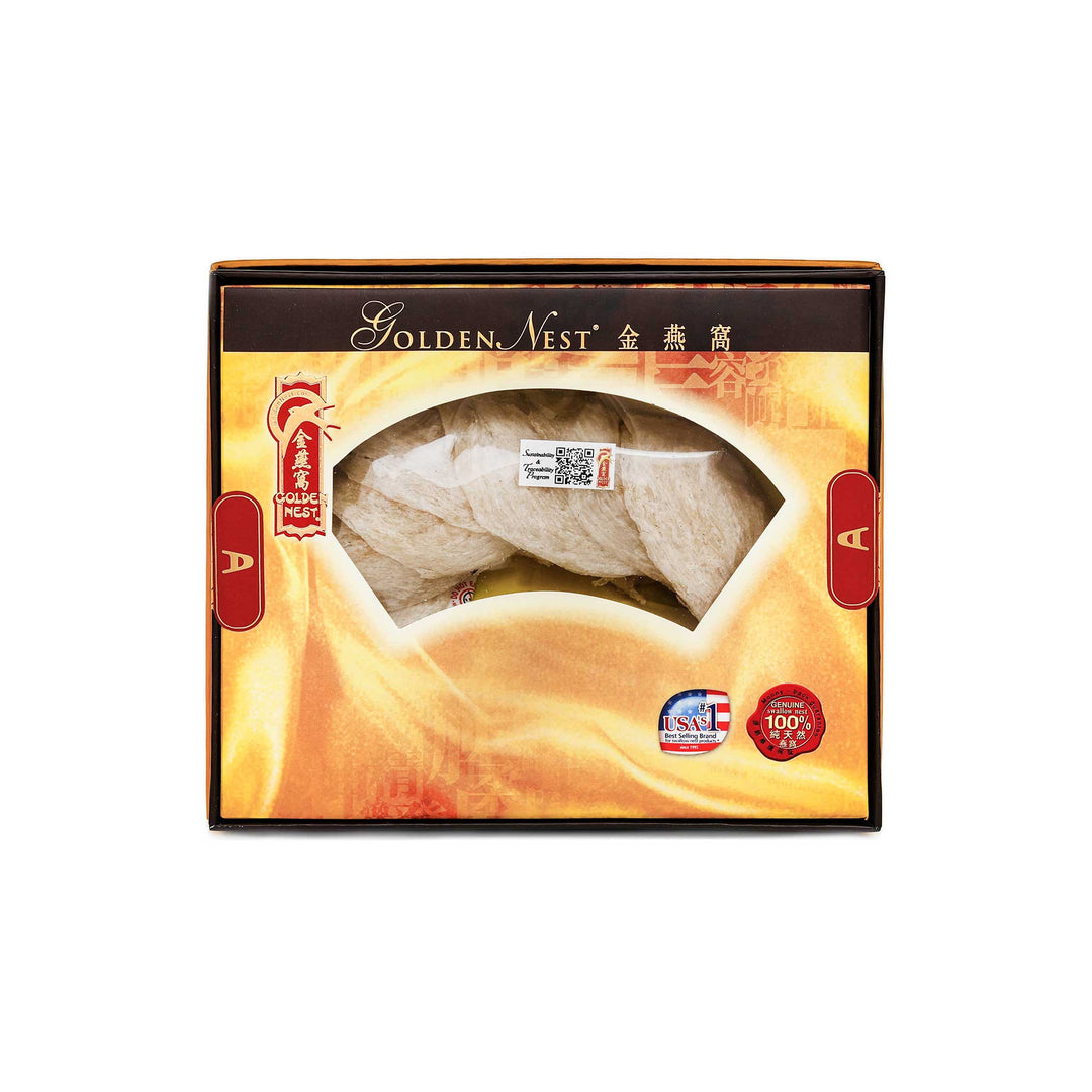 Golden Nest's product showing a box of premium white birds nest for sale with grade A and 57 grams. Box.