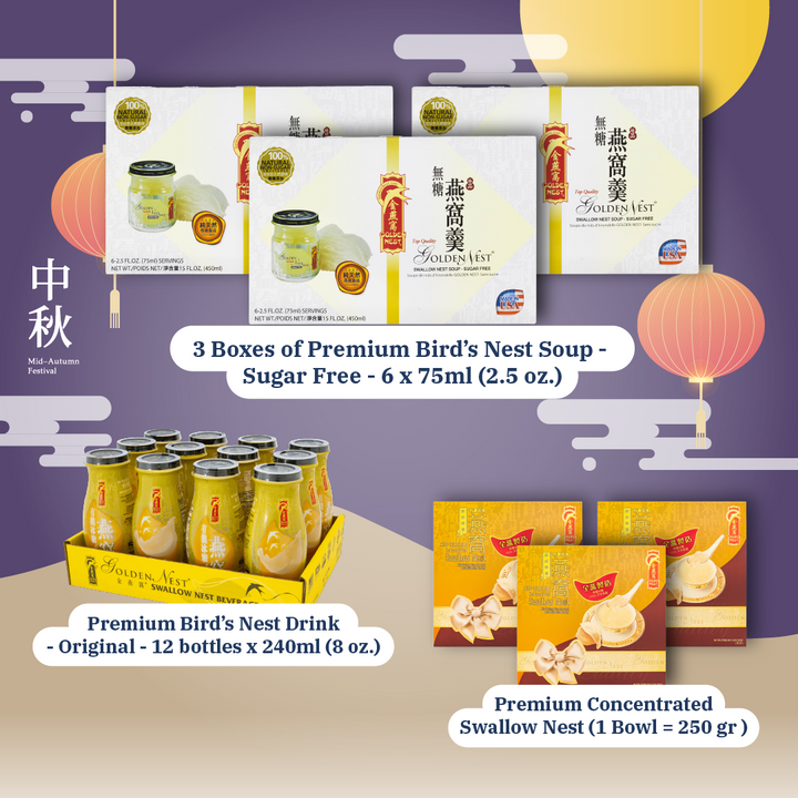 Premium Bird's Nest Soups & Drinks Mid-Autumn Special Bundle - 3 Boxes of Premium Bird's Nest Soups - 6 x 75ml + 1 Tray of Premium Bird's Nest - 12 x 240ml + 3 Bowls of Premium Concentrated Swallow Nest 250 gr
