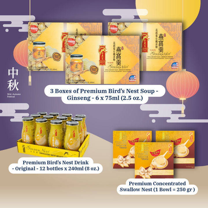Premium Bird's Nest Soups & Drinks Mid-Autumn Special Bundle - 3 Boxes of Premium Bird's Nest Soups - 6 x 75ml + 1 Tray of Premium Bird's Nest - 12 x 240ml + 3 Bowls of Premium Concentrated Swallow Nest 250 gr