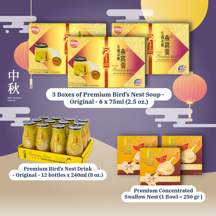 Premium Bird's Nest Soups & Drinks Mid-Autumn Special Bundle - 3 Boxes of Premium Bird's Nest Soups - 6 x 75ml + 1 Tray of Premium Bird's Nest - 12 x 240ml + 3 Bowls of Premium Concentrated Swallow Nest 250 gr