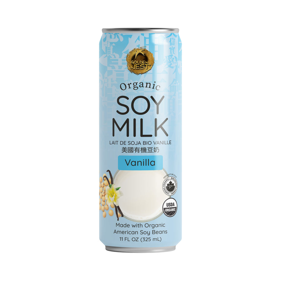 Canned vanilla organic soymilk drink from Golden Nest. Best organic healthy soymilk beverage online near me.