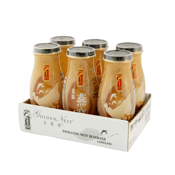 A six-pack of Golden Nest swallow nest beverage bottles with longan flavor, displayed in a branded container.