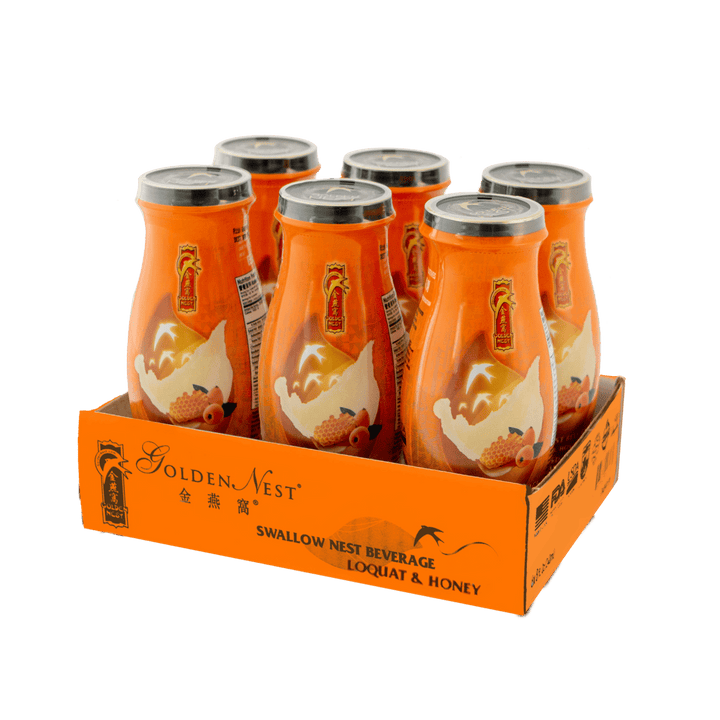 Six bottles of Golden Nest Swallow Nest Beverage with Loquat &amp; Honey are displayed in an open orange cardboard tray.
