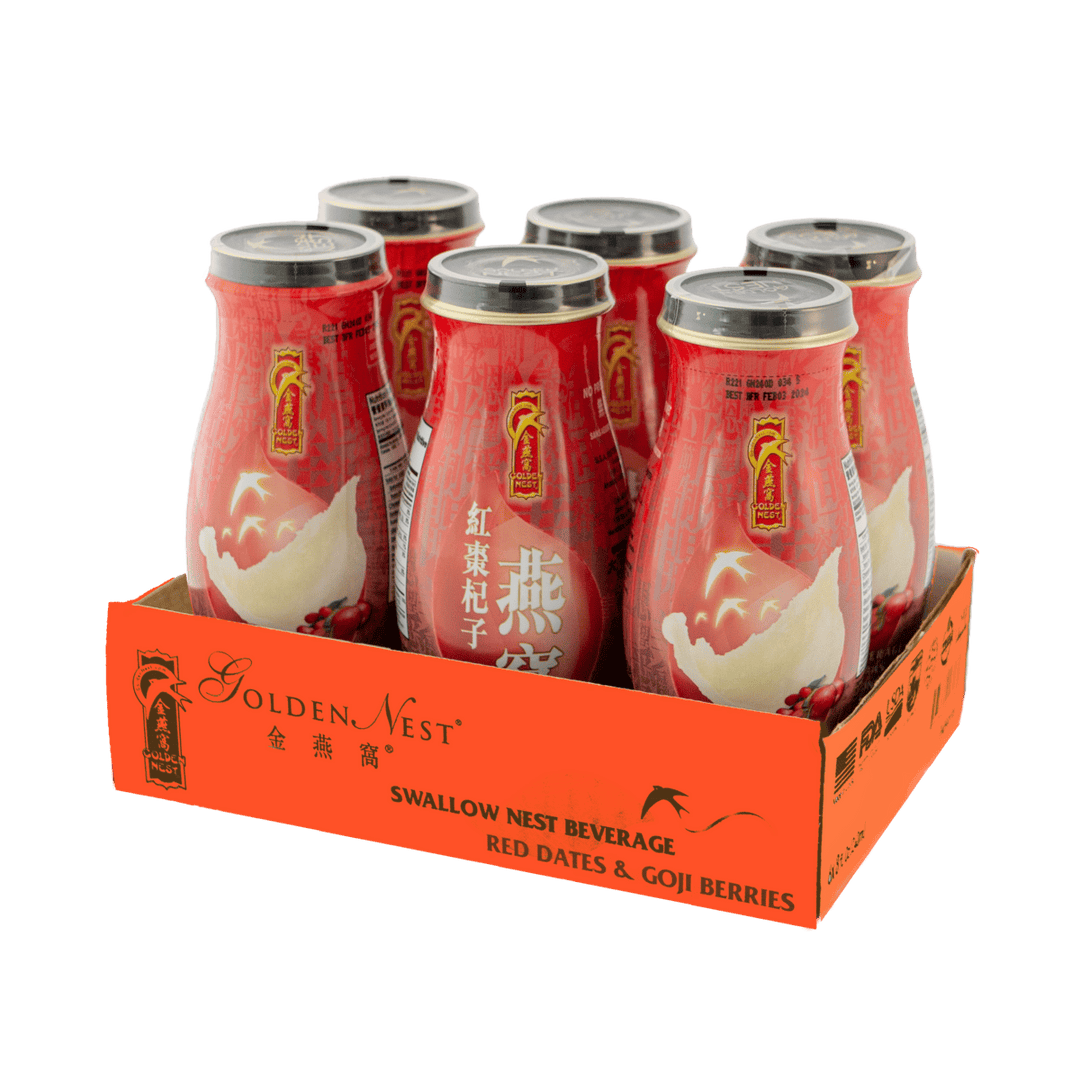 六瓶金燕窝 红枣枸杞金燕窝 饮料，陈列在橙色纸板箱中。