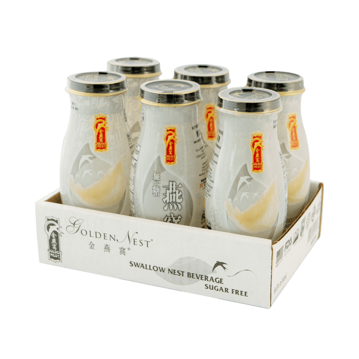 Six-pack of Golden Nest Swallow Nest Beverage sugar free bottled drinks in original packaging, featuring bird’s nest health drink bottles with Chinese and English labels, arranged in a branded white tray.