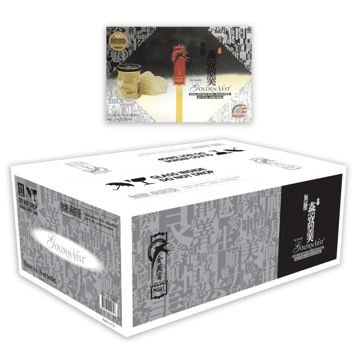 金燕窩燕窩產品包裝展示，包括零售盒的特寫和一個較大的白色運輸箱，上面有黑色和灰色的設計和中文字。