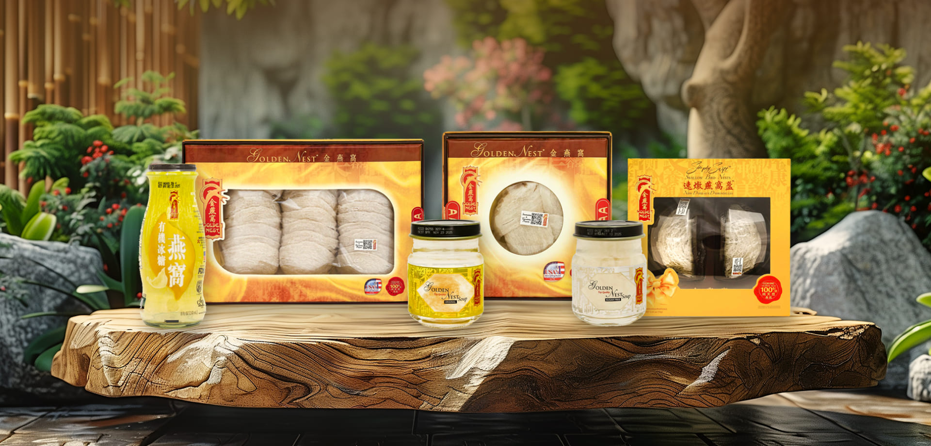 在寧靜的戶外環境中，木桌上陳列著各種金燕窩 產品，包括燕窩盒和湯罐。