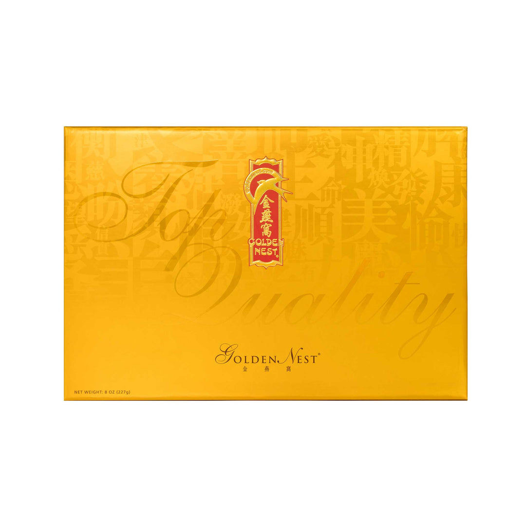 Box of Golden Nest's premium white birds nest for sale with grade AAA and 227 grams, ideal gift for wife. Box Cover.