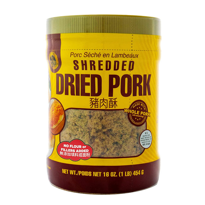 Golden Nest seasoned shredded dried pork in 4 oz, 8oz, and 16oz variation sizes. Whole pork and ready to eat snack for seasoned shredded dried pork