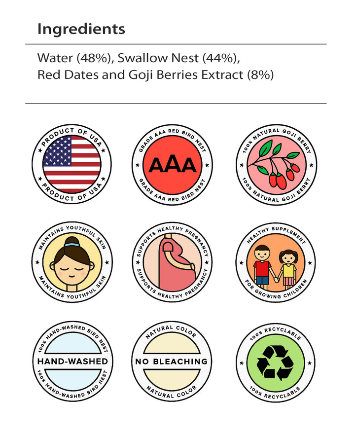 Golden Nest Premium Red Bird’s Nest Soup - Red Date & Goji Berries - Ingredients and Benefits per Bottle