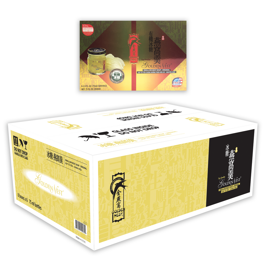 Golden Nest Premium Bird’s Nest Soup - Original Rock Sugar - Choose from 1 Box of 6 Bottle of 1 Case of 8 Boxes