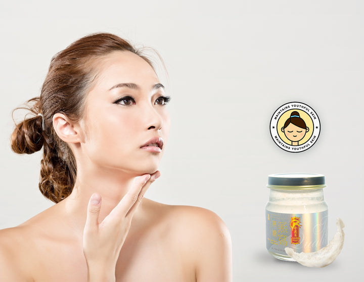 Beautiful woman with Golden Nest Gift Pack Premium Bird’s Nest Soup sugar free bottle. Special gifts for christmas